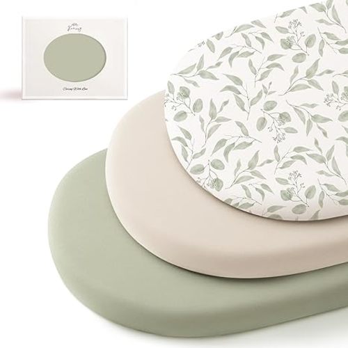 Konssy 3 Pack Stretchy Bassinet Sheets for Baby Girl Boy, Soft Breathable Baby Bassinet Mattress Sheets Fit for Hourglass Oval Cradle, Moses Basket Rectangle Mattress (Green Leaves)