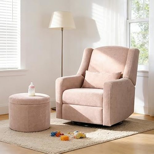 Power Nursery Rocking Chairs with Ottoman: 270° Swivel Rocker Recliner with Waist Pillow & USB Charging Port, Ultra Comfy Nursery Glider Recliner for Nursery Living Room and Bedroom Pink