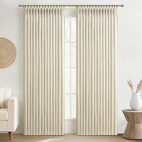 Natural Linen Blackout Dining Room Curtains 72 Inches Long 2 Panels Set, Cream Memory Trained Pinch Pleated Farmhouse Double Layer Heavy Windows Drapes for Office Thermal Insulated Curtain Light Beige
