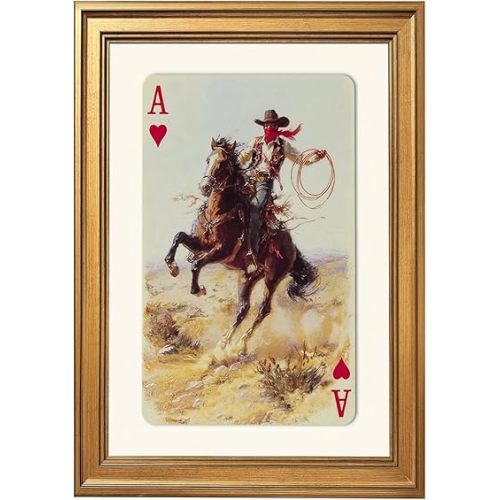 Framed Texas Rodeo Cowboy Wall Art Ace of Hearts Canvas Print Vintage Western Horse Rider Painting Rustic Masculine Wild West Decor Rugged Picture Poster for Room Office Man Cave 12x16inch Gold