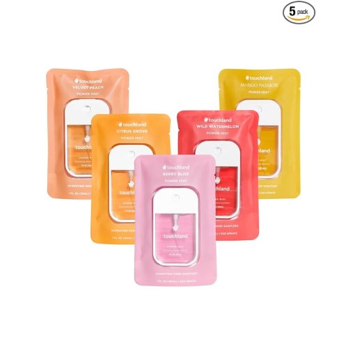 Touchland Hydrating Hand Sanitizer Spray – Juicy 5 Set (Citrus Grove, Berry Bliss, Wild Watermelon, Peach, Mango Passion) – 5 x 1 FL OZ Travel Size Mists