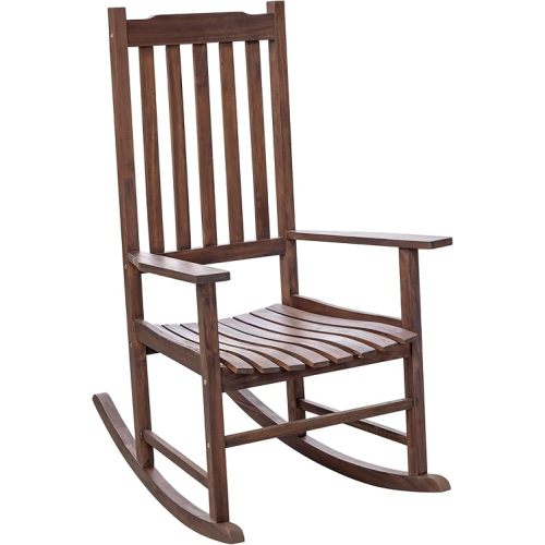 Flamaker Outdoor Rocking Chair Oversized Wooden Patio Chairs with Widened Armrest High Back Porch Rocker for Lawn, Garden, Backyard, Fire Pit (Brown)