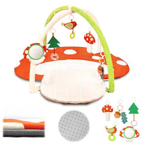 Upgrade Thickened Baby Play Gym, Extra Large Activity Mat, Machine Washable Playmat, Tummy Time Mat with Detachable Toys for Motor Skills, Non-Slip Bottom, Mushroom