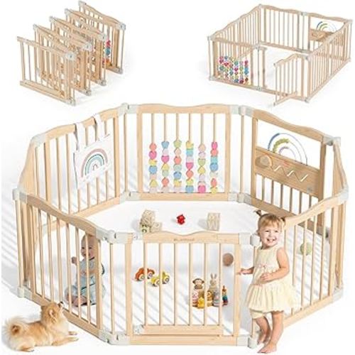 Foldable Wooden Playpen - Adjustable Wood Baby Play Yard with Child-Proof Lock, Indoor Large Safety Fence for Babies and Toddlers - Easy Assembly, 55 x 55 x 24 inches, Natural Rainbow Dream