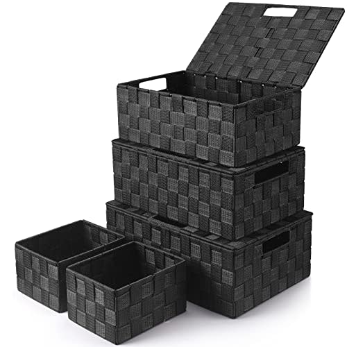 Storage Baskets with Lids: 5 Pack Stackable Woven Storage Bins, Black | Decorative Woven Baskets for Organizing with Built-In Handles for Shelves, Closets, Cabinets and Cubbies, Gift Small Basket
