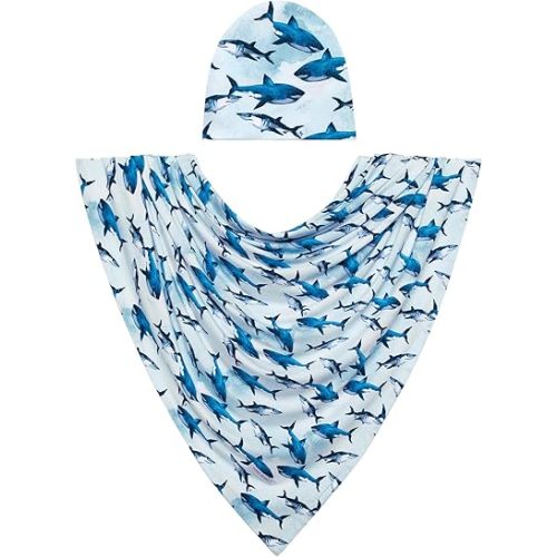Posh Peanut Baby Swaddle Blanket & Beanie - Matching Newborn Swaddle Set, Doubles As Receiving Blanket or Nursing Cover (Sharks)