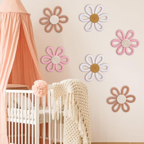 Zeyune 6 Pcs Boho Nursery Decor Daisy Flower Wall Art Woven Macrame Wall Hanging Boho Daisy Floral Nursery Decor for Home Bedroom(Classic Color,Yarn and Cotton Rope)