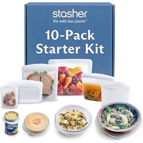 Stasher Reusable Silicone Bags and Stretch Lids, 10-Pack Starter Kit, Clear