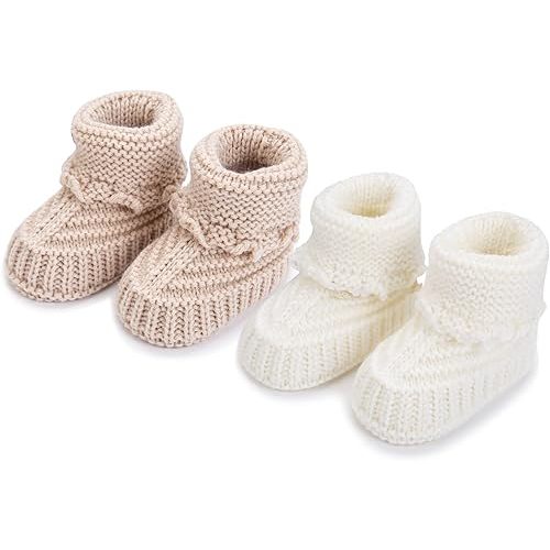 2 Pairs Baby Booties Newborn Baby Hand Crochet Knit Boots Infant Soft Cozy Warm Shoes for Toddler Girls Boys