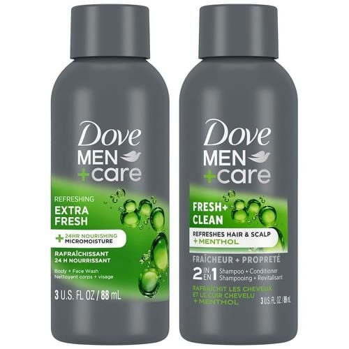 Dove Men+Care Travel Essentials Bundle – Extra Fresh Body & Face Wash & Fresh + Clean 2-in-1 Shampoo, 3 Oz Ea
