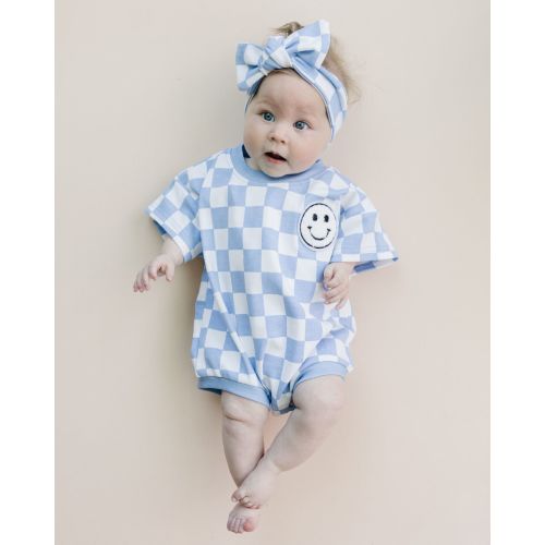 short sleeve bubble romper // checkered smiley blue