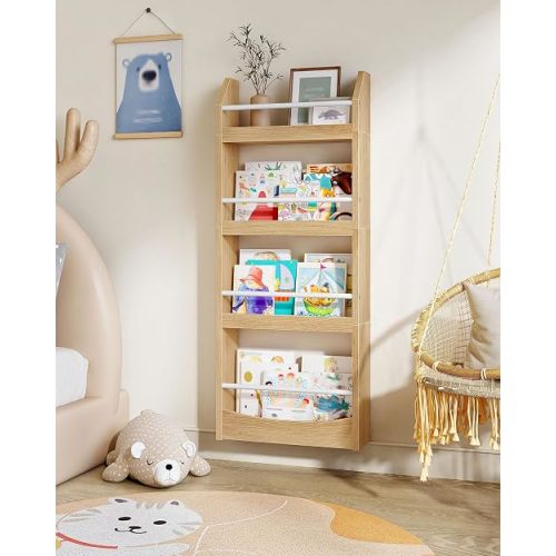 CHOEZON Kids Bookshelf, 15.7 Inch Wall Mounted Bookshelf, 4-Tier Nursery Book Shelves, Book Shelf for Kids Room, Bedroom, Living Room, Playroom, Natural and White MCW04NW