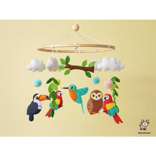 Tropical Aviary Bird Baby Mobile | Felt Hummingbird, Parrot, Toucan & Owl Crib Decoration