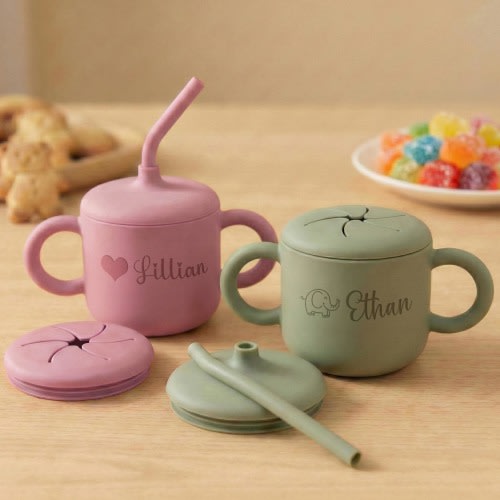 Personalized 2-in-1 Sippy & Snack Cup with Straw, Custom Engraved Silicone Baby Gift