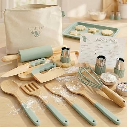 Wooden Cooking & Baking Set for Kids - Safe & Real Kitchen Tools Give Toddlers a Fun Cooking Experience - Durable Utensils are Perfect for Gifting to Create Lasting Family Memories