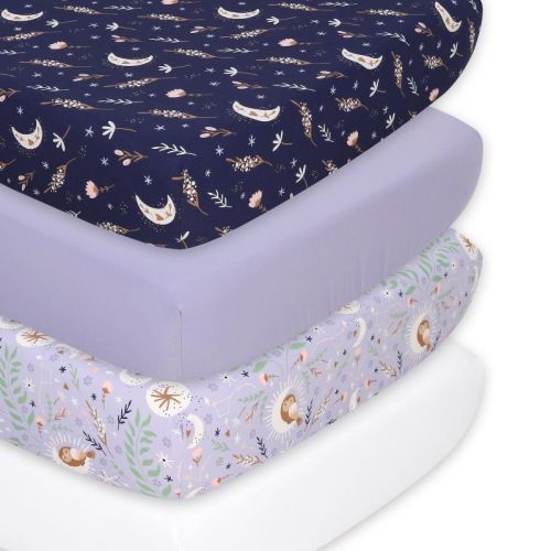 The Peanutshell Purple Floral Moon Celestial Microfiber Fitted Crib Sheets for Baby Girl, 4 Pack Set