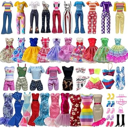 30 Pieces Doll Clothes and Accessories for 11.5 Inch Girl Dolls Including Random 5 Tops, 5 Pants, Random 3 Dresses, Random 3 Fashionable Dresses, Random 2 Swimwear, 6 Pairs of Shoes, 1 Bag, 5 Hangers