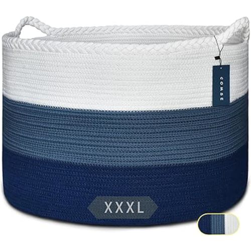 COMSE Extra Large Blanket Basket, Woven Laundry Basket, 21.7”x 13.8”, Nursery Hamper, Cotton Rope Laundry Hamper Living Room for Storage Toys Clothes Towels (White & Cadet Blue & Navy Blue)