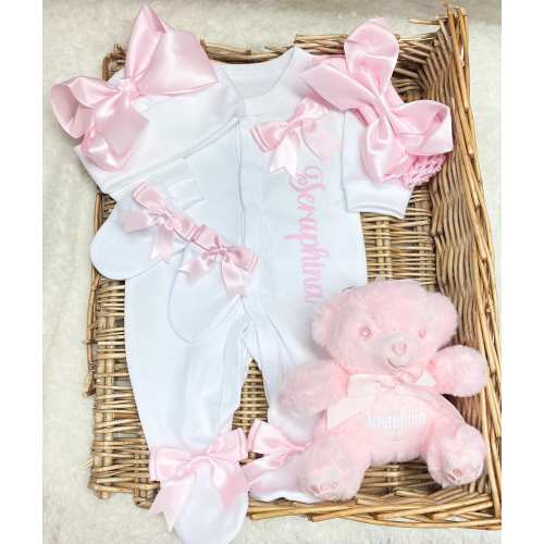 Newborn baby homecoming hat headband sleepsuit/babygrow scratch mitts set, any name Personalised gift add a teddy bear bib or blanket