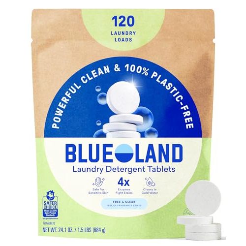 BLUELAND 100% Plastic-Free Laundry Detergent Tablets, 120ct, Free & Clear | Lifts Tough Stains and Odors, Safe for Sensitive Skin, Eco-Friendly Alternative to Pods, Sheets & Liquid, Septic Safe