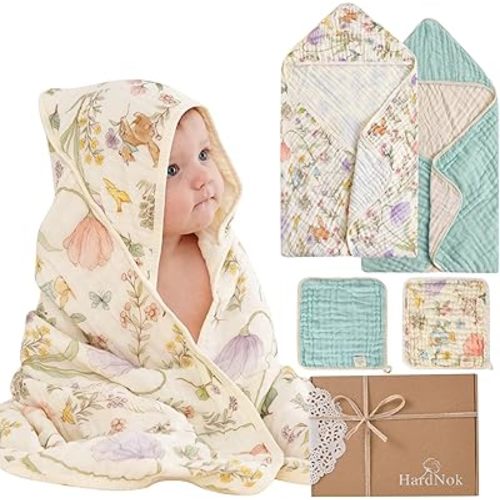 4-Piece Muslin Baby Towel Set - Made with Organic Cotton, (2) 6-Layer 32x32 Towels & (2) Washcloths, Bath, Beach & Pool Gift Set (Woodland Garden & Green)
