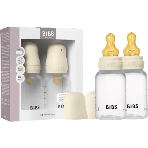 BIBS Baby Bottle 5 oz / 150 ml Natural Rubber Latex Nipple 2 Pack - Anti-Colic, BPA-Free, Round Nipple, Slow Flow, Lightweight & Easy to Clean, Suitable for Newborns 0+ Years - Ivory