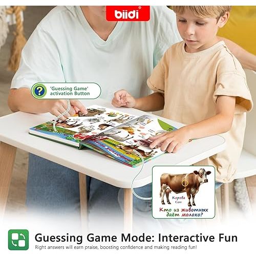 biidi English & Russian Bilingual Interactive Sound Book for Toddler 3-5,40 Songs&30 Stories,Rechargeable Talking Book,Learing Toy for Kids,Boys Girls Birthday, 1600+ Sounds,171 Animals