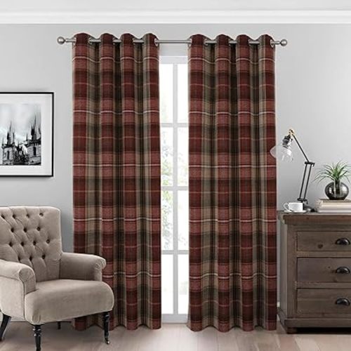 always4u 100% Blackout Woolen Look Plaid Curtains Modern Window Panels Checkered Tartan Curtains for Living Room Bedroom 2 Panels Christmas Red Green 45 * 84 Inches