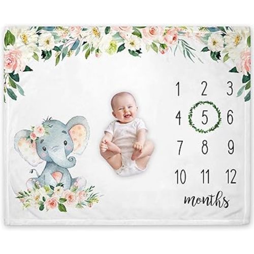 Yuzioey Girl Elephant Baby Monthly Milestone Blanket, Safari Elephant Baby Growth Chart Month Blanket, Watch Me Grow Girl Floral Nursery Gift for New Moms, Includes Marker (50"x40")
