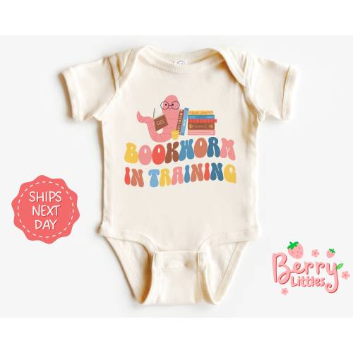 Bookworm in Training Baby Reveal Onesie® - School Librarian Baby Announcement - Bookworm Infant Vintage Natural Bodysuit Onesie® BRY-0583