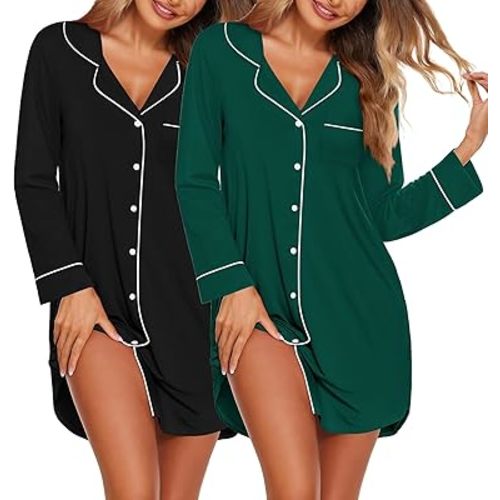 Ekouaer 2 Pack Nightgowns for Women Long Sleeve Night Shirt Button Down Sleep Shirt V-Neck Sleep Dress Pajama Sleepwear