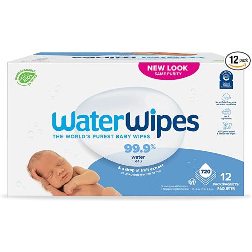 WaterWipes Biodegradable Original Baby Wipes, 99.9% Water Based Wipes, Unscented & Hypoallergenic for Sensitive Skin, 60 Count (Pack of 12) - Packaging May Vary