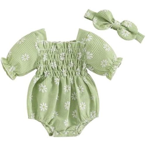 Douhoow Baby Girl Plaid Romper Flying Sleeve Baby Bubble Romper Ruffle Baby Bodysuit Spring Summer Clothes with Headband