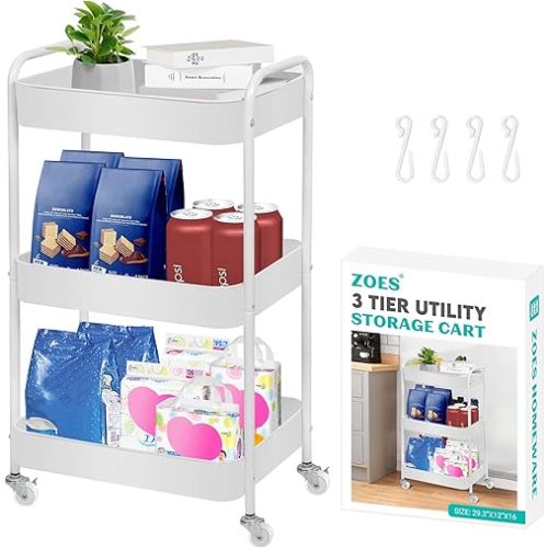 3 Tier Rolling Cart, Metal Utility Cart with 4 Hooks, Rolling Storage Cart on Wheels, Small Organizer Cart for Nursery, Kitchen, Living Room, Bathroom, White