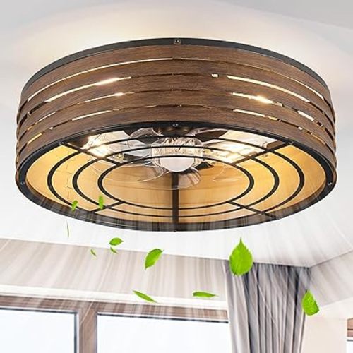 20'' Flush-Mount Ceiling Fan with Light and Remote, Reversible Motor, Perfect for Bedroom, Living room, Kitchen, Outdoor Gazebo, Patio, Low-Profile Design Cage (Wooden Walnut)