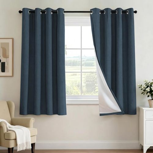 H.VERSAILTEX 100% Blackout Curtains for Bedroom 63 Inches Long Grommet Linen Face Full Light Blocking Curtain Drapes for Living Room Thermal Linen Look Curtains 2 Panels Set, 52" W x 63" L, Navy
