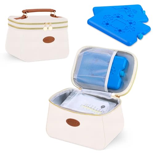 PIIOSER Breast Milk Cooler Bag with 2 Ice Pack, Fit 6 Freeze Breastmilk Storage Bags Up to 8Oz, Insulated Baby Bottles Tote Bag for Daycare and Breastfeeding Mom, Black(Cream-XS)