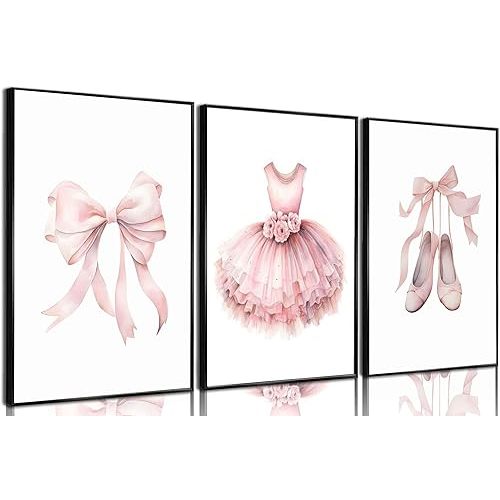 3Pcs Pink Ballet Nursery Wall Art Girls Baby Ballerina Painting Decor Picture Bow Dance Skirt Shoes Kids Posters Canvas Prints for Dance Studio Baby Room living Bedroom Decoration NO Framed