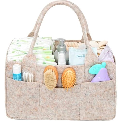 Lifewit Felt Diaper Caddy Organizer with Handle, Portable Baby Nappy Storage Basket Bag with Detachable Divider, for Nursery, Changing Table, Car, Regular, Oatmeal, 13"×9.1"×7.1"