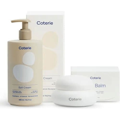 Coterie Baby Dry Skin Skincare Essentials Set | 16.2 oz Face + Body Lotion, 4.7 oz Diaper + Dry Skin Balm | Fragrance Free, Safe for Sensitive Skin, Hypoallergenic, Microbiome Friendly, Eczema Safe