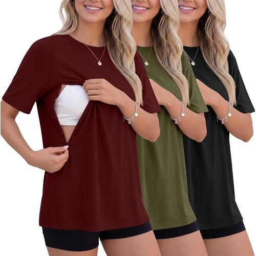 3 Pack Women's Oversized Nursing Tops for Breastfeeding with Hidden Zippers Loose Fit Short Sleeve Maternity Tops