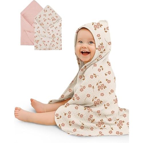 Hooded Baby Towels 2 Pack, Muslin Baby Bath Towels with Hood for Newborn Infant and Toddler, Soft Breathable & Absorbent, 30" x 30" (Floral & Pink)