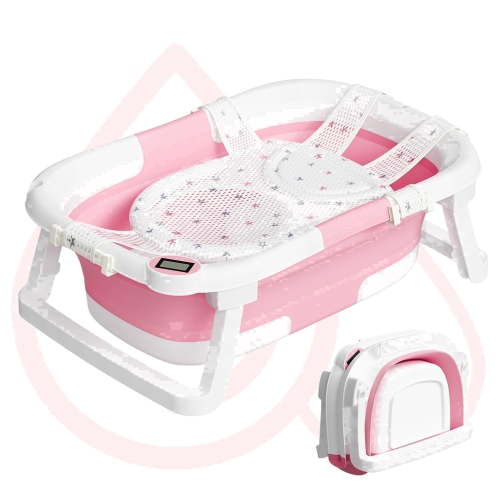 Aprpink Foldable Baby Bathtub PP+TPE with Soft Bath Net&Thermometer for 0-36 Months Toddler Dark Pink
