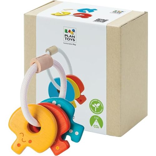 PlanToys® Baby Key Rattle Wooden Infant Sensory Toy for Grasping, Coordination & Auditory Development | Montessori Eco-Friendly Learning Toy for Early Exploration & Fine Motor Skills