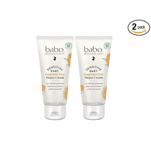 Babo Botanicals Sensitive Baby Fragrance-Free Diaper Cream - 25% Natural Zinc Oxide - Calendula, Shea & Cocoa Butter - EWG Verified - Vegan- From birth on