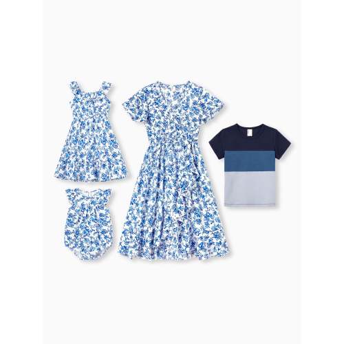 Mommy & me Outfits Blue Floral Print Dress & Color Block Tee Set, Mommy Daddy and Me Summer Beach Vacation Coordinates Blue