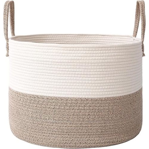 65L Extra Large Blanket Basket for Living Room - Woven Cotton Rope Laundry Hamper with Reinforced Handles - Storage Bin for Pillows, Comforters & Toys - Machine Washable,White&Brown