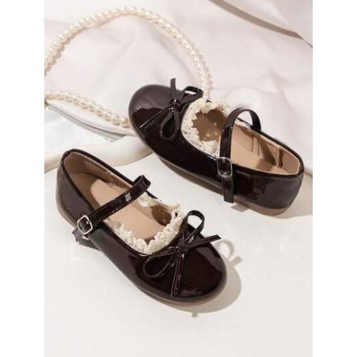 Girls' Shallow-Cut Shiny Mary Jane Flat Shoes With Bow And Lace Trim, Princess Dress Shoes For Daily Wear, Weddings And Parties | SHEIN USA