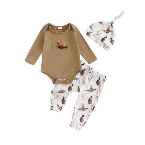 ZINTAOZT Newborn Baby Boy Cute Clothes Mallard Duck Embroidery Romper Bodysuit Long Pants Hat Set Fall Winter Outfits