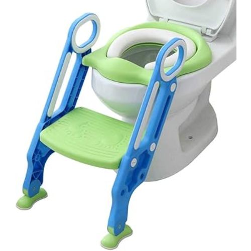 Potty Training Toilet Seat with Step Stool Ladder for Boys and Girls Baby Toddler Kid Children Toilet Training Seat Chair with Handles Padded Seat Non-Slip Wide Step (Blue Green)